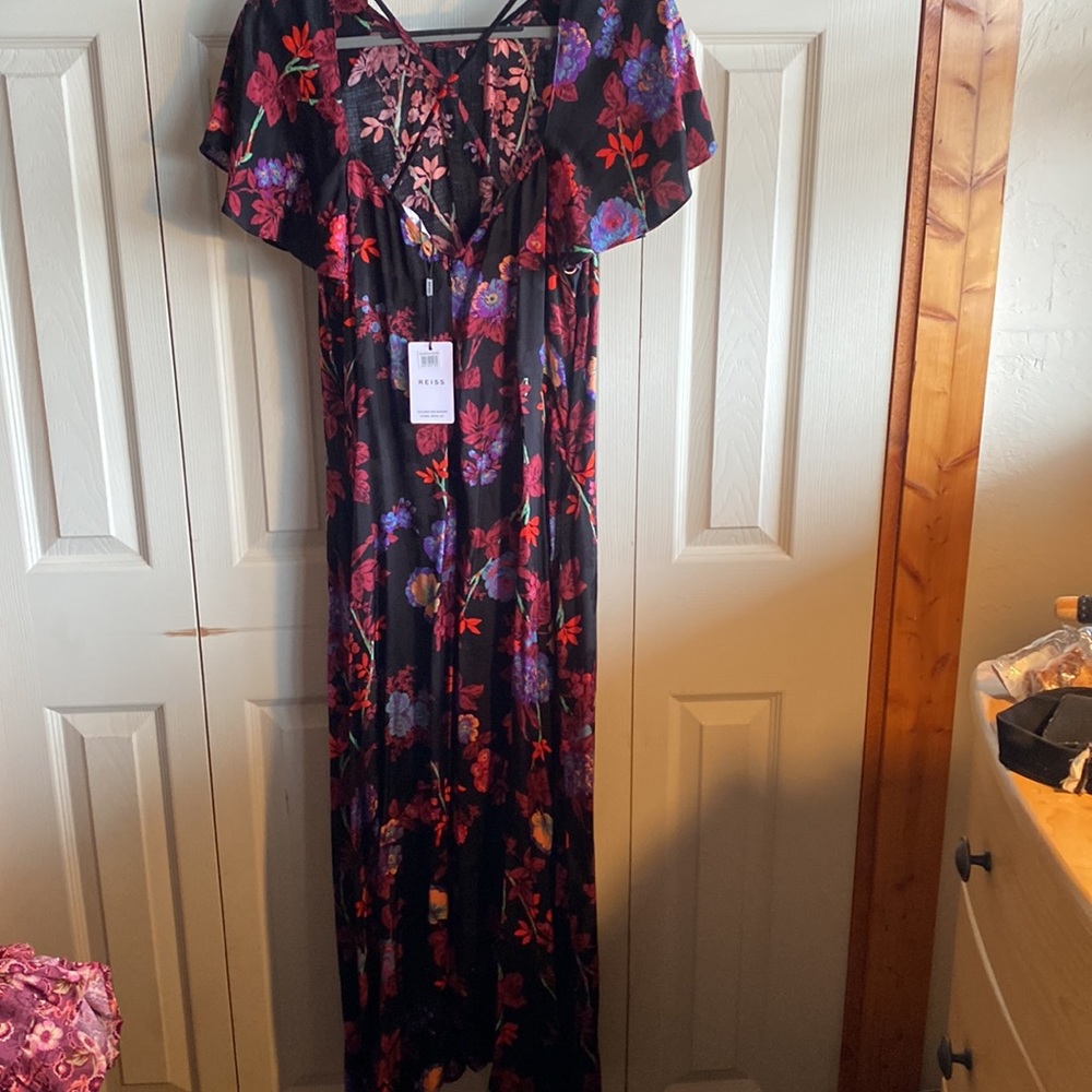 REISS NWT Cinched Waist X Cross Straps Cap Sleeve Midi Length Dress Size12 - Picture 9 of 14